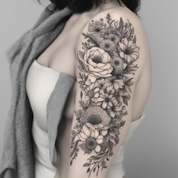 This is a black and white illustrative tattoo design of a bouquet of wild flowers