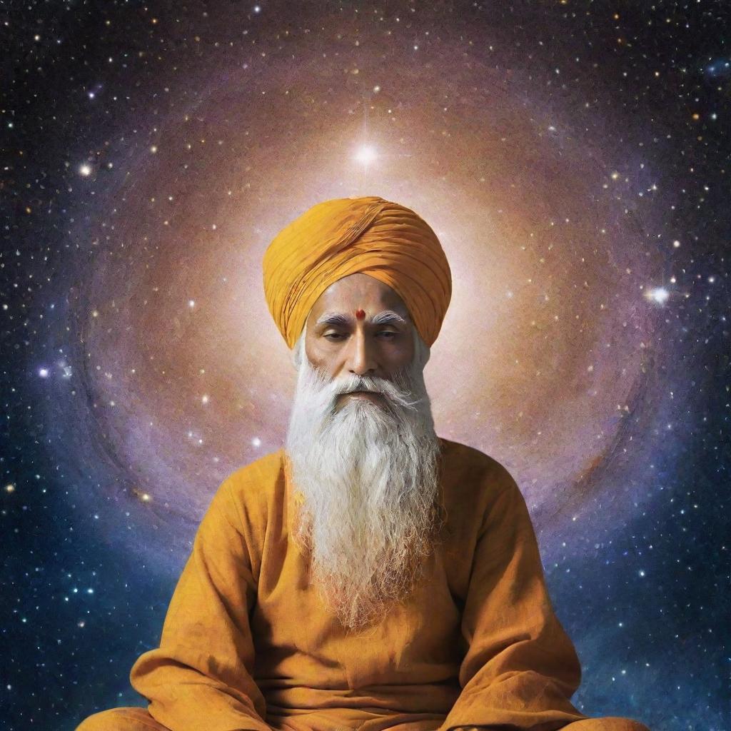 Guru Nanak Dev Ji, the founder of Sikhism, meditating peacefully against a backdrop of a glistening star-filled universe