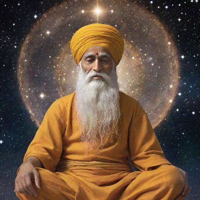 Guru Nanak Dev Ji, the founder of Sikhism, meditating peacefully against a backdrop of a glistening star-filled universe