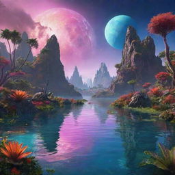 A breathtakingly beautiful alien planet teeming with diverse and vibrant life forms, complete with lush exotic vegetation and glittering bodies of water under a bright multicolored sky.