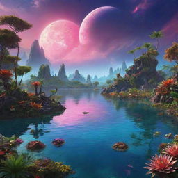 A breathtakingly beautiful alien planet teeming with diverse and vibrant life forms, complete with lush exotic vegetation and glittering bodies of water under a bright multicolored sky.