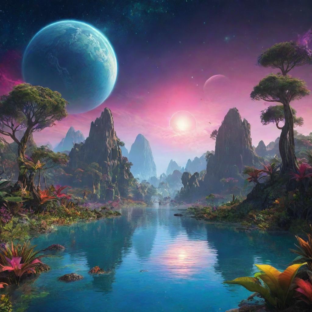 A breathtakingly beautiful alien planet teeming with diverse and vibrant life forms, complete with lush exotic vegetation and glittering bodies of water under a bright multicolored sky.