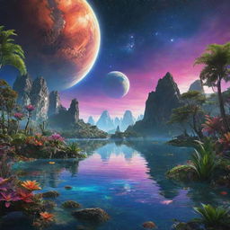 A breathtakingly beautiful alien planet teeming with diverse and vibrant life forms, complete with lush exotic vegetation and glittering bodies of water under a bright multicolored sky.