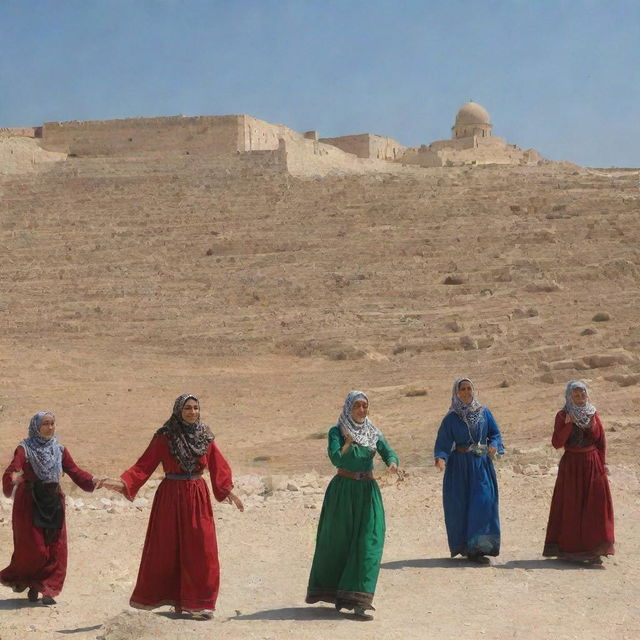 A peaceful and inspiring scene of Palestine, showcasing its historical landscapes, unique architecture, and vibrant daily life. Palestinians expressing their culture and heritage through traditional dances, food, and crafts under the clear blue sky.