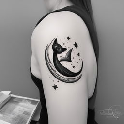 A black and white illustrative tattoo design featuring a little black cat perched on a crescent moon