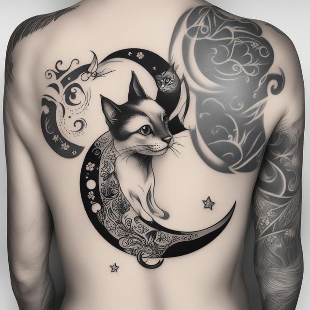 A black and white illustrative tattoo design featuring a little black cat perched on a crescent moon