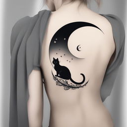 A black and white illustrative tattoo design featuring a little black cat perched on a crescent moon