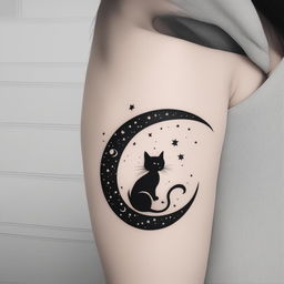 A black and white illustrative tattoo design featuring a little black cat perched on a crescent moon