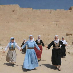 A peaceful and inspiring scene of Palestine, showcasing its historical landscapes, unique architecture, and vibrant daily life. Palestinians expressing their culture and heritage through traditional dances, food, and crafts under the clear blue sky.