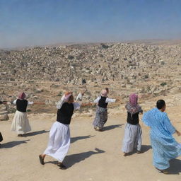 A peaceful and inspiring scene of Palestine, showcasing its historical landscapes, unique architecture, and vibrant daily life. Palestinians expressing their culture and heritage through traditional dances, food, and crafts under the clear blue sky.