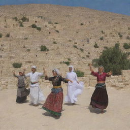 A peaceful and inspiring scene of Palestine, showcasing its historical landscapes, unique architecture, and vibrant daily life. Palestinians expressing their culture and heritage through traditional dances, food, and crafts under the clear blue sky.