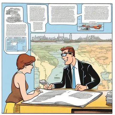 In the comic strip, the travel agent character was shown helping the protagonist plan a thrilling adventure across multiple countries.