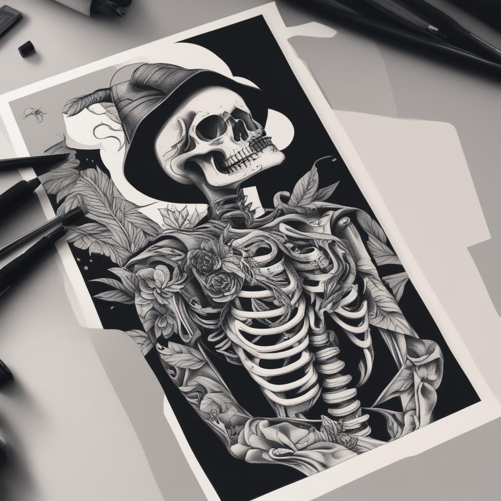 A black and white illustrative tattoo design featuring a skeleton dressed in high fashion streetwear