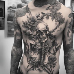 A black and white illustrative tattoo design featuring a skeleton dressed in high fashion streetwear