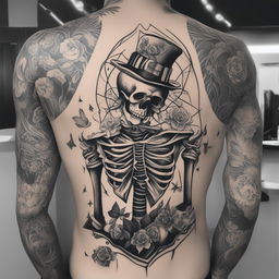 A black and white illustrative tattoo design featuring a skeleton dressed in high fashion streetwear