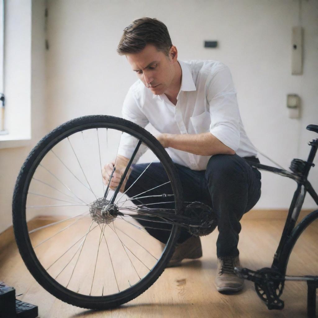 Craft a high-quality image of a man in contemporary attire, engrossed in the process of fixing a modern bicycle within a well-lit, clean and organized setting.