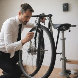 Craft a high-quality image of a man in contemporary attire, engrossed in the process of fixing a modern bicycle within a well-lit, clean and organized setting.