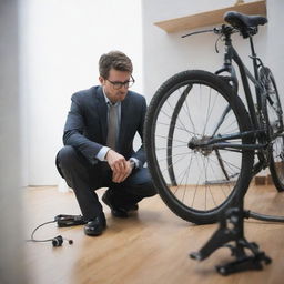 Craft a high-quality image of a man in contemporary attire, engrossed in the process of fixing a modern bicycle within a well-lit, clean and organized setting.