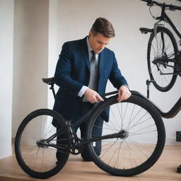 Craft a high-quality image of a man in contemporary attire, engrossed in the process of fixing a modern bicycle within a well-lit, clean and organized setting.