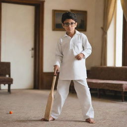 A petite boy with glasses, dressed in a Qamiz and shalwar, engaging in a game of cricket in a home drawing room. He's confidently holding a bat and hitting the ball.