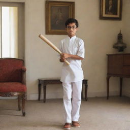 A petite boy with glasses, dressed in a Qamiz and shalwar, engaging in a game of cricket in a home drawing room. He's confidently holding a bat and hitting the ball.