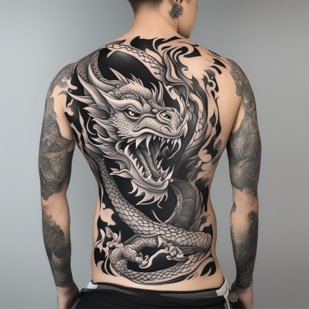 A black and white illustrative tattoo design featuring a cartoon-style dragon