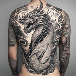 A black and white illustrative tattoo design featuring a cartoon-style dragon