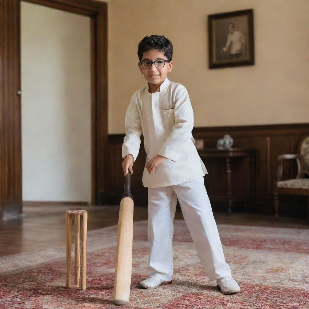 A petite boy with glasses, dressed in a Qamiz and shalwar, engaging in a game of cricket in a home drawing room. He's confidently holding a bat and hitting the ball.