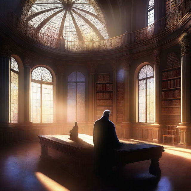 A high-quality digital art showcasing a grand secret library, filled with magic