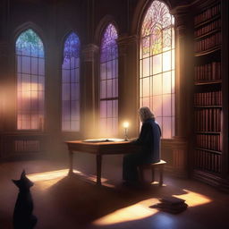 A high-quality digital art showcasing a grand secret library, filled with magic