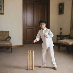 A petite boy with glasses, dressed in a Qamiz and shalwar, engaging in a game of cricket in a home drawing room. He's confidently holding a bat and hitting the ball.