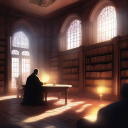 A high-quality digital art showcasing a grand secret library, filled with magic