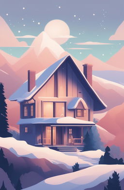 A lo-fi style book cover featuring a quaint house in the snowy mountains