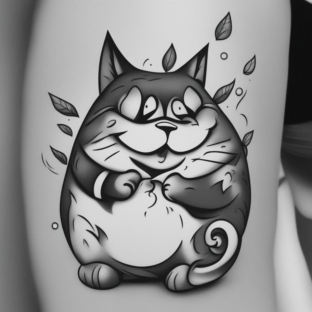 A black and white illustrative tattoo design featuring a cartoon-style fat cat