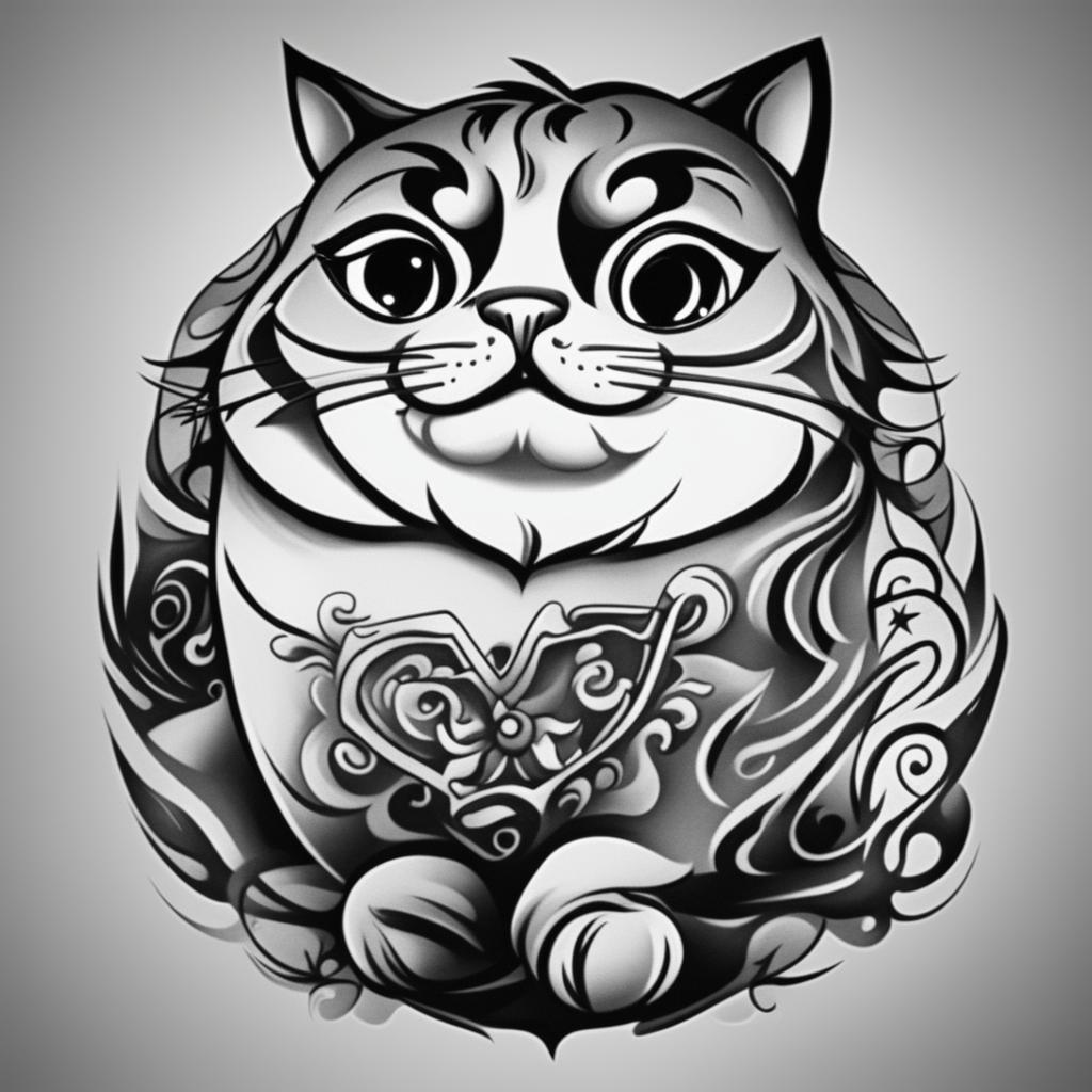 A black and white illustrative tattoo design featuring a cartoon-style fat cat