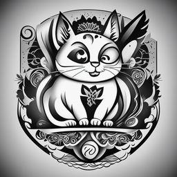 A black and white illustrative tattoo design featuring a cartoon-style fat cat