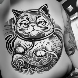 A black and white illustrative tattoo design featuring a cartoon-style fat cat