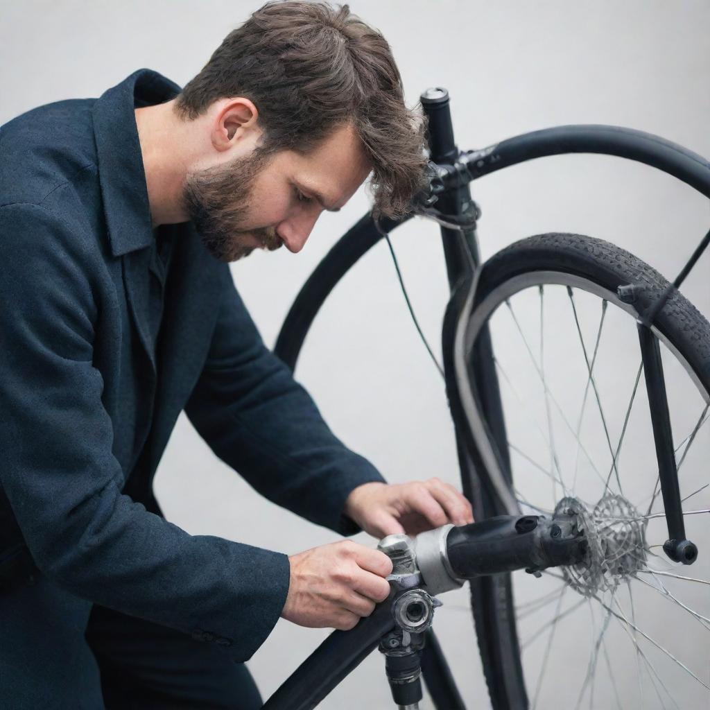 Generate an image of a man repairing a modern bicycle, his face hidden or obscured, emphasizing the details of his work and the sleek design of the bicycle.