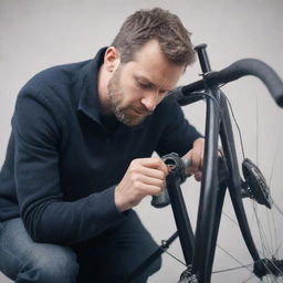 Generate an image of a man repairing a modern bicycle, his face hidden or obscured, emphasizing the details of his work and the sleek design of the bicycle.