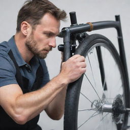 Generate an image of a man repairing a modern bicycle, his face hidden or obscured, emphasizing the details of his work and the sleek design of the bicycle.