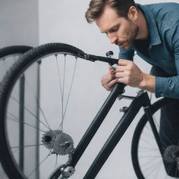 Generate an image of a man repairing a modern bicycle, his face hidden or obscured, emphasizing the details of his work and the sleek design of the bicycle.