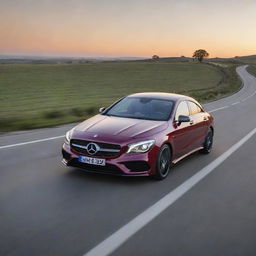 Mercedes CLA in pristine condition on an open, empty road during sunset