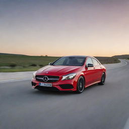 Mercedes CLA in pristine condition on an open, empty road during sunset