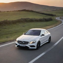 Mercedes CLA in pristine condition on an open, empty road during sunset