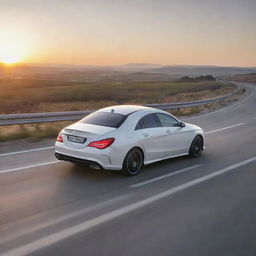 Mercedes CLA in pristine condition on an open, empty road during sunset