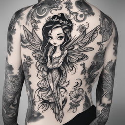 A black and white illustrative tattoo design featuring a cartoon-style fairy