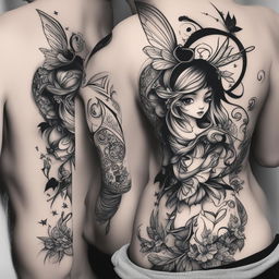 A black and white illustrative tattoo design featuring a cartoon-style fairy