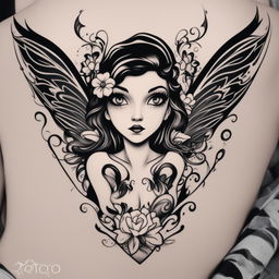 A black and white illustrative tattoo design featuring a cartoon-style fairy