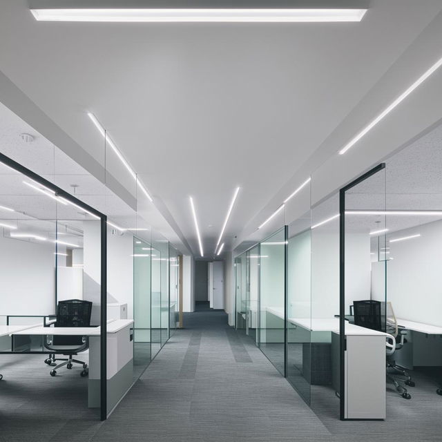 Sleek workstation space featuring glass paneling, a structural grid aesthetic, and understated minimal panel ceiling lights.