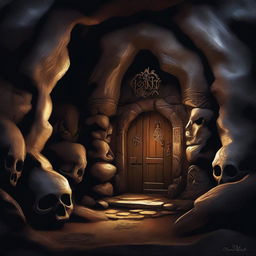 This is a high-quality digital art image, illustrating the entrance of a spooky dwarven cave